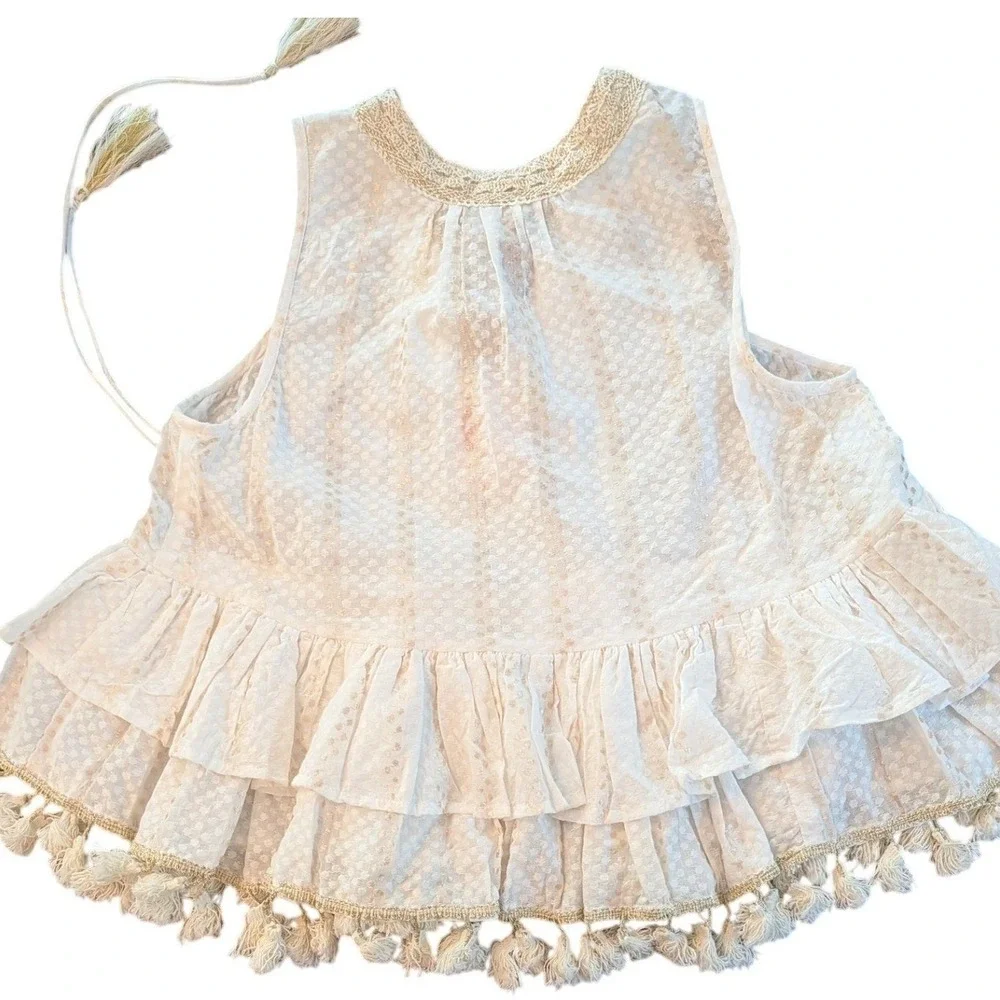 RAGA Junior XS‎ White Gold Metallic Polka Dot Tassel Babydoll Boho Top NWT